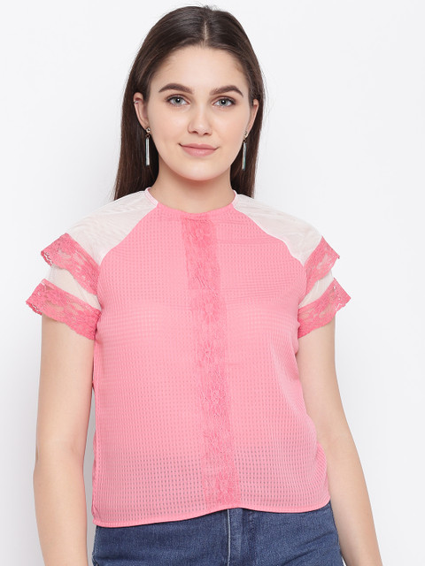 

LA LOFT Women Pink Self-Checked Semi-Sheer Regular Top
