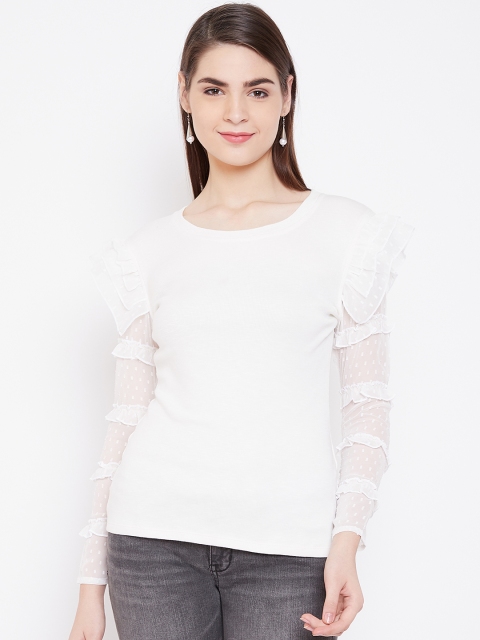 

LA LOFT Women White Frill Detail Solid Pure Cotton Top