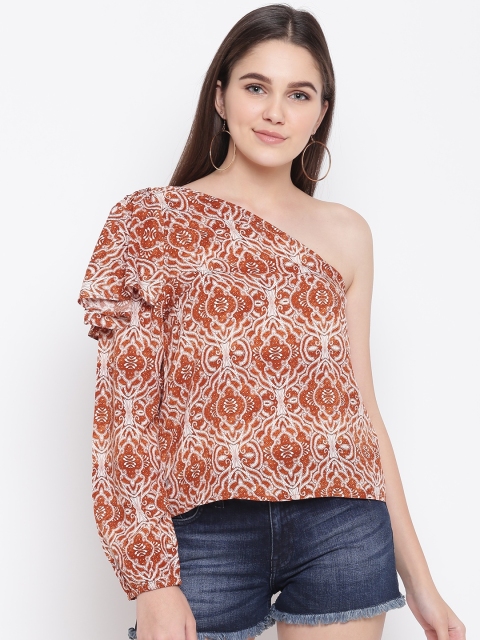 

LA LOFT Women Mustard Brown & White One Shoulder Printed Regular Top
