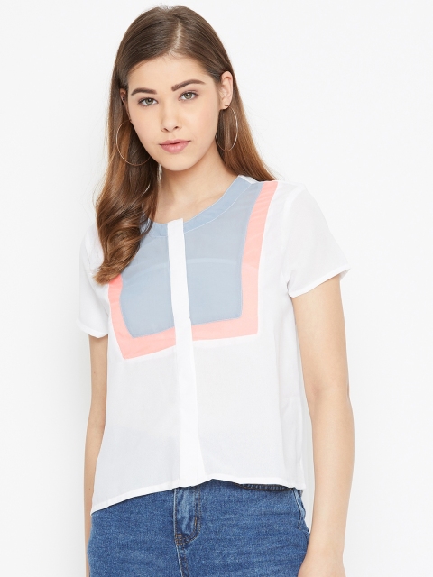 

LA LOFT Women White & Blue Colourblocked High-Low Top