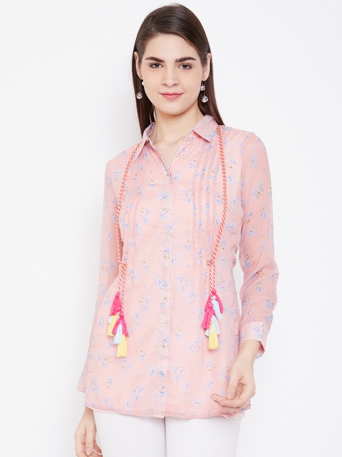 

LA LOFT Women Peach-Coloured & Blue Regular Fit Printed Casual Shirt