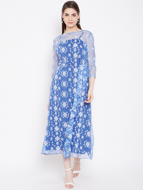 

LA LOFT Women Blue & White Self Design Net Maxi Dress