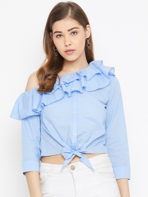 

LA LOFT Women Blue Solid One Shoulder Cropped Top