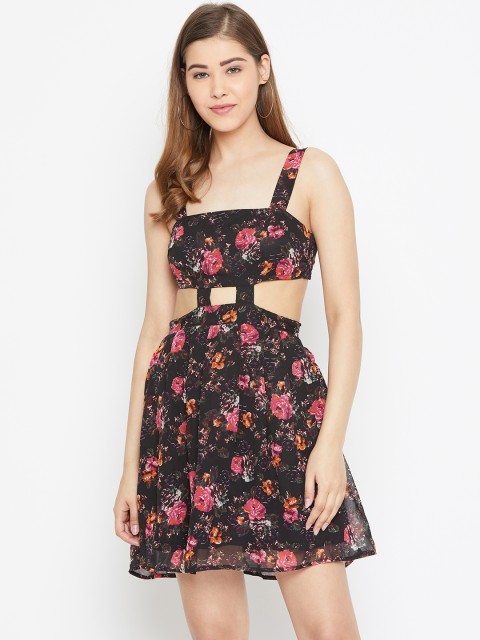 

LA LOFT Women Black & Pink Floral Printed A-Line Dress