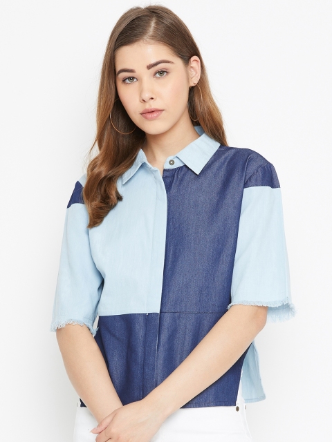 

LA LOFT Women Blue Regular Fit Colourblocked Denim Casual Shirt