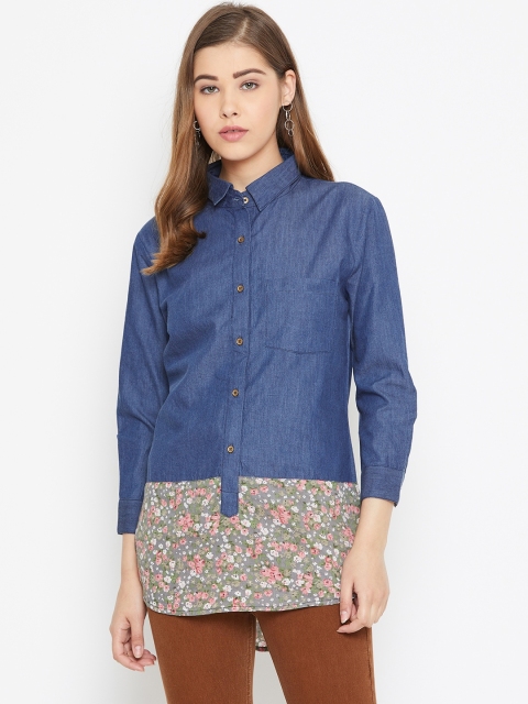 

LA LOFT Navy Blue & Green Solid Denim Shirt