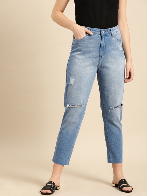 

ether Women Blue Mom Fit High-Rise Low Distressed Stretchable Jeans