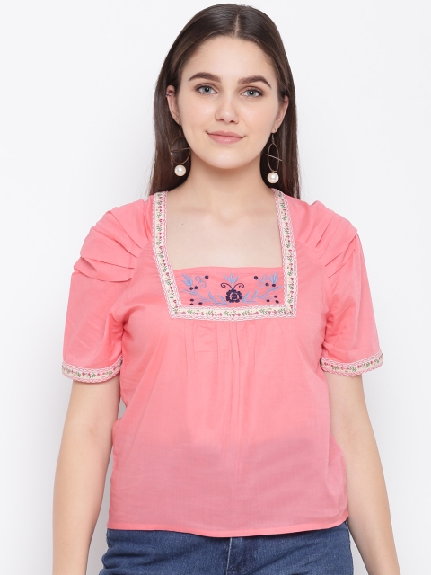 

LA LOFT Women Peach-Coloured Semi Sheer Solid Pure Cotton Top