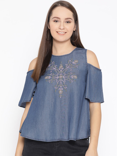 

LA LOFT Women Blue Solid Chambray Cold-Shoulder Regular Top