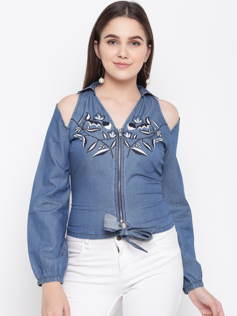 

LA LOFT Women Blue Embroidered Pure Cotton Shirt Style Pure Cotton Top