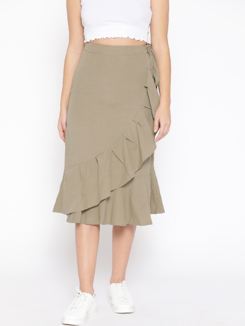 

LA LOFT Women Olive Green Solid Wrap Midi Ruffled Skirt