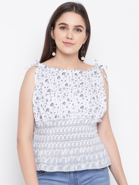 

LA LOFT Women White & Blue Printed Smocked Cinched Top