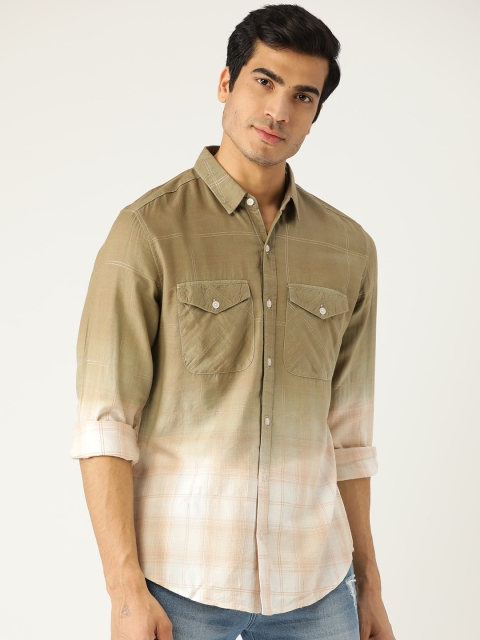

LA LOFT Men Olive Green & Off-White Regular Fit Colourblocked Casual Shirt