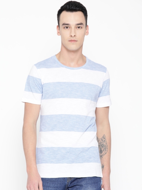 

LA LOFT Men White Blue Striped Round Neck Pure Cotton T-shirt