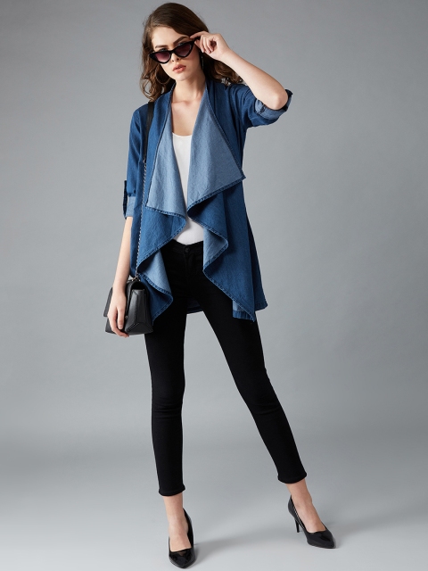 

DOLCE CRUDO Women Blue Solid Waterfall Denim Shrug