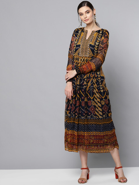 

Label Ritu Kumar Women Navy Blue & Mustard Yellow Dyed A-Line Dress
