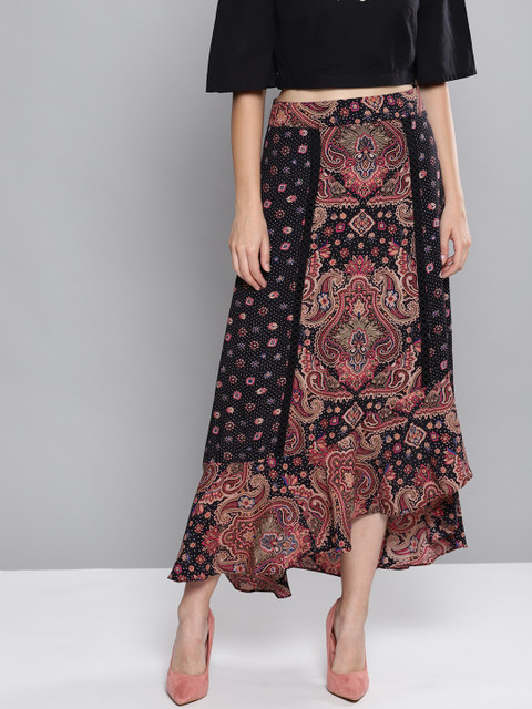 

Label Ritu Kumar Black & Pink Printed Maxi Flared Skirt