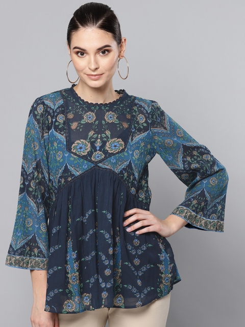 

Label Ritu Kumar Women Blue Printed A-Line Top