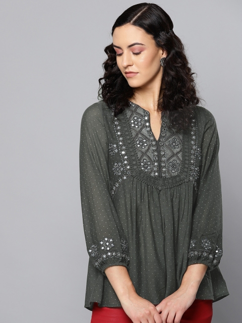 

Label Ritu Kumar Women Charcoal Grey Printed A-Line Top