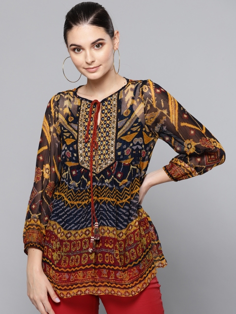 

Label Ritu Kumar Women Navy Blue & Mustard Yellow Printed A-Line Top