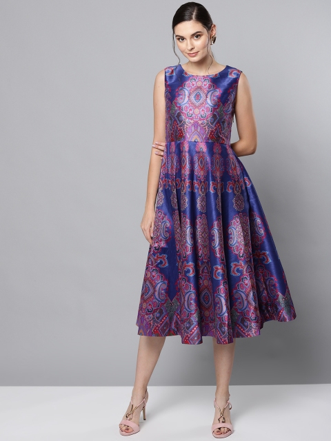 

Label Ritu Kumar Women Blue & Pink Satin Finish Fit and Flare Dress