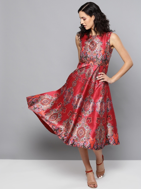 

Label Ritu Kumar Women Maroon & Sea Green Satin Finish Printed Empire Dress