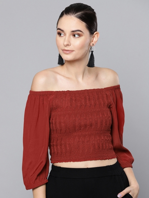 

Label Ritu Kumar Women Rust Red Self Design Cropped Bardot Top