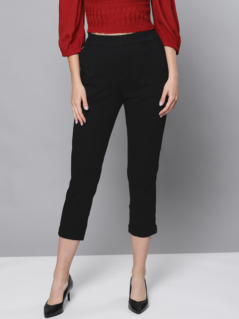 

Label Ritu Kumar Women Black Slim Fit Solid Cropped Trousers