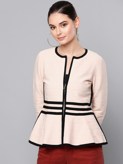 

Label Ritu Kumar Women Beige Self-Striped Tailored Jacket