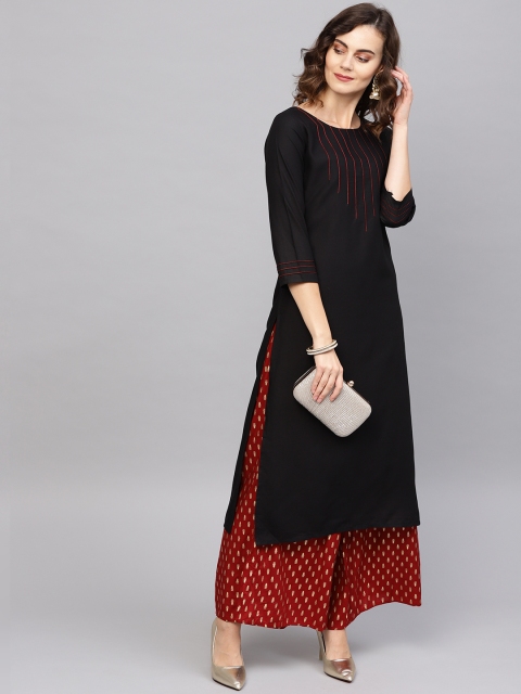 

Indo Era Women Black Yoke Design Straight Kurta