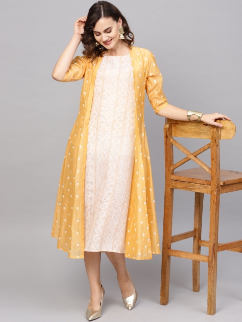 

Indo Era Women Solid Yellow A-Line Dress with Ethnic Jacket