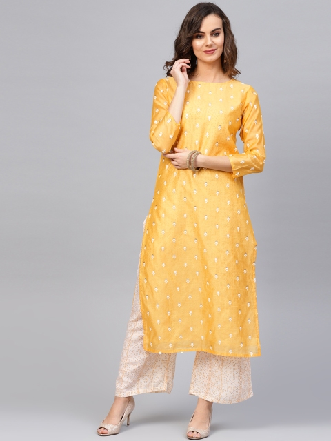 

Indo Era Women Yellow & Off-White Embroidered Kurta with Palazzos
