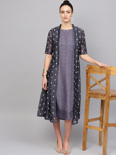 

Indo Era Women Navy Blue & Off-White Printed A-Line Dress with Ethnic Jacket