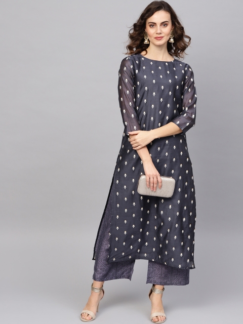 

Indo Era Women Navy Blue & White Embroidered Kurta with Palazzos