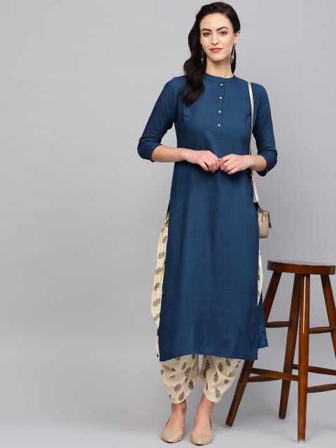 

Indo Era Women Navy Blue Checked Straight Kurta