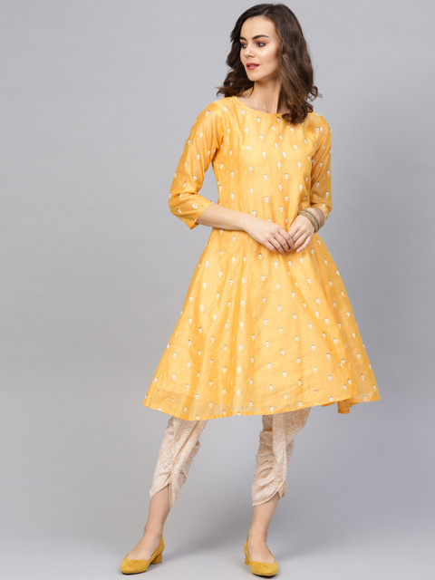 

Indo Era Women Yellow & Off-White Embroidered Kurta with Dhoti Pants