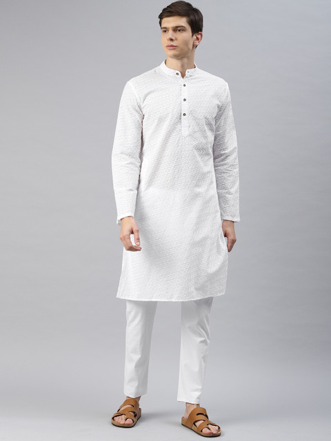 

Freehand Men White Embroidered Kurta with Pyjamas