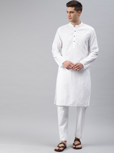 

Freehand Men White Embroidered Kurta with Pyjamas