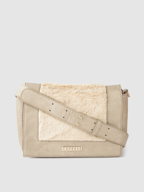 

Caprese Beige Solid Sling Bag with Faux Fur Detail