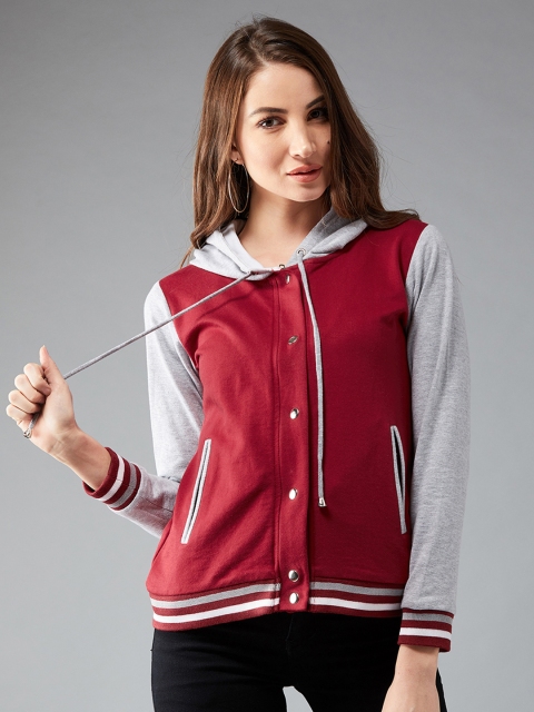 

DOLCE CRUDO Women Maroon & White Colourblocked Varsity Hooded Jacket