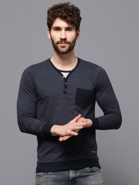 

Roadster Men Navy Melange Henley T-shirt, Navy blue