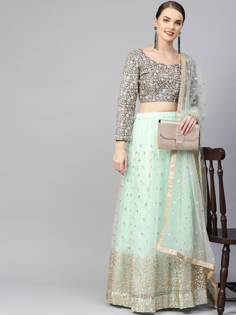 

Inddus Green & Grey Embellished Semi-Stitched Lehenga & Unstitched Blouse with Dupatta