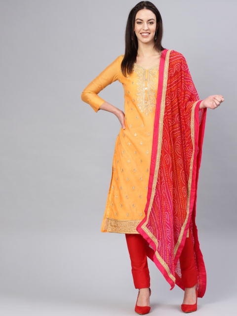 

Inddus Mustard Yellow & Red Unstitched Dress Material