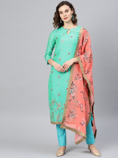 

Inddus Green & Blue Embroidered Unstitched Dress Material