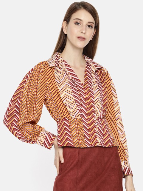 

Vero Moda Women Mustard Yellow & Burgundy Printed Cinched Waist Top
