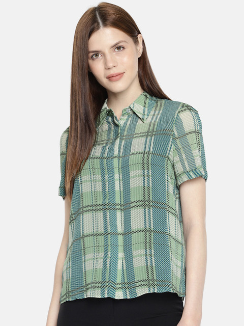 

Vero Moda Women Sea Green & Blue Regular Fit Checked Casual Shirt