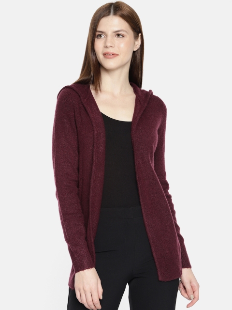 

Vero Moda Women Burgundy Solid Longline Open Front Hooded Sweater