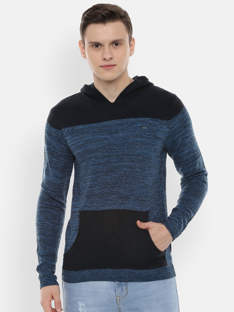 

Van Heusen Men Navy Blue & Black Colourblocked Hooded Sweater