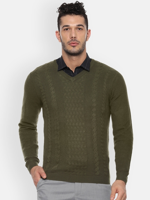 Van Heusen Men Olive Green Self Design Sweater