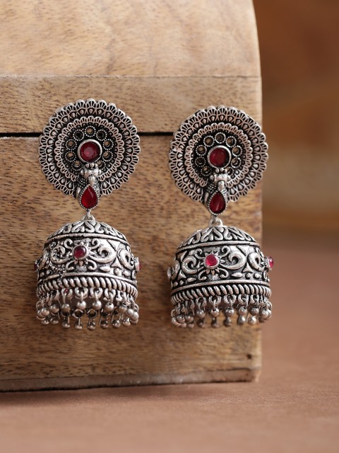 

Infuzze Red Oxidised Silver-Plated Stone-Studded Handcrafted Dome Shaped Jhumkas